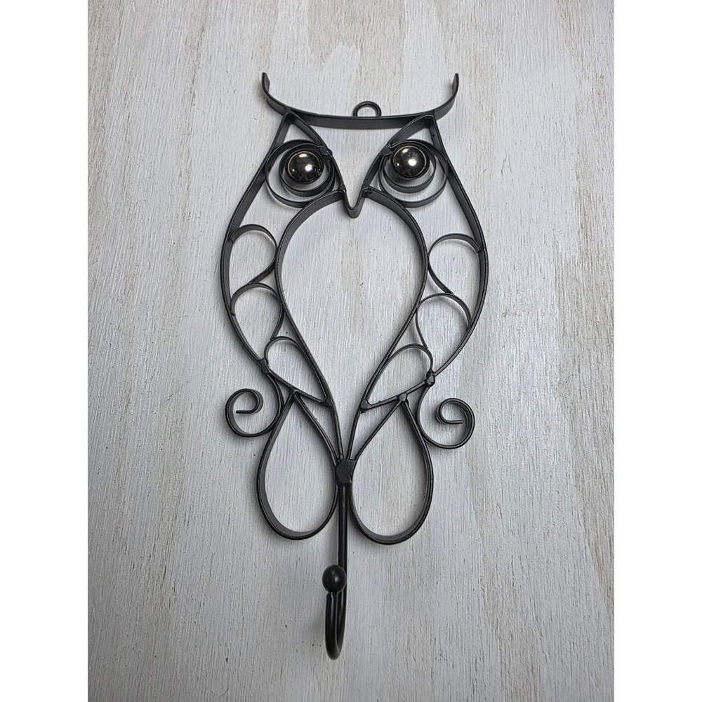 Vintage Black Wrought Iron Owl Wall Hook Scrollwork Decorative Boho Cottage Core